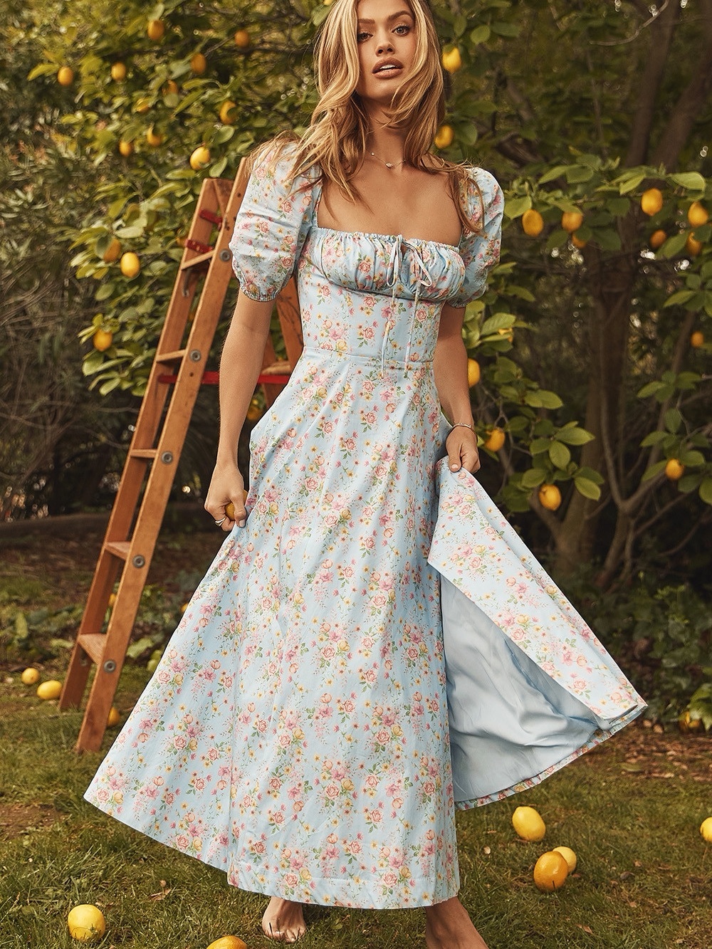 House of CB Light Blue Floral Puff-Sleeve Midi Dress